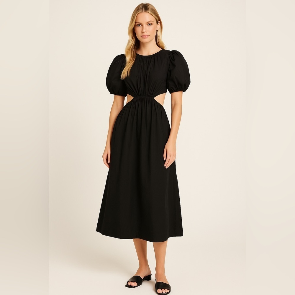 FAITHFULL THE BRAND Alessandria Cotton Midi-dress In Plain Black - Picture 2 of 7